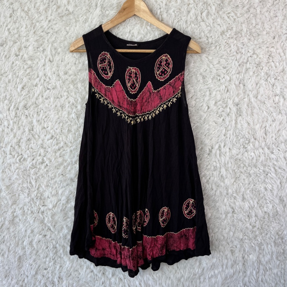 Advance Apparels Boho Batik Peace Sign Sleeveless Mini Dress Black OS Hippie 90s